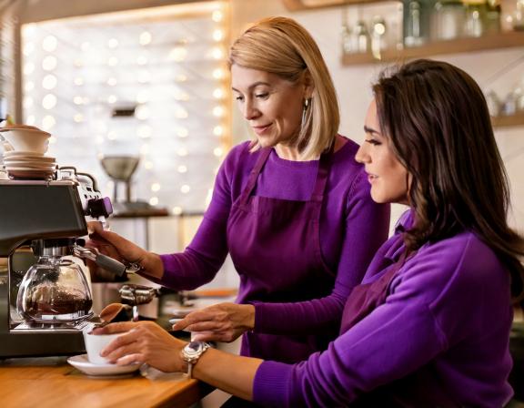 Photo Image Of A Middle Aged Woman Wearing Purple Training A Young Employee At A C