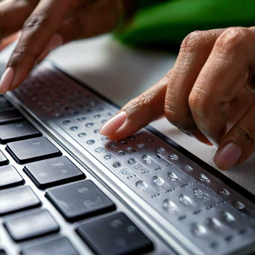 Firefly Close Up Of A Visually Impaired Worker Using A Braille Keyboard. 14130